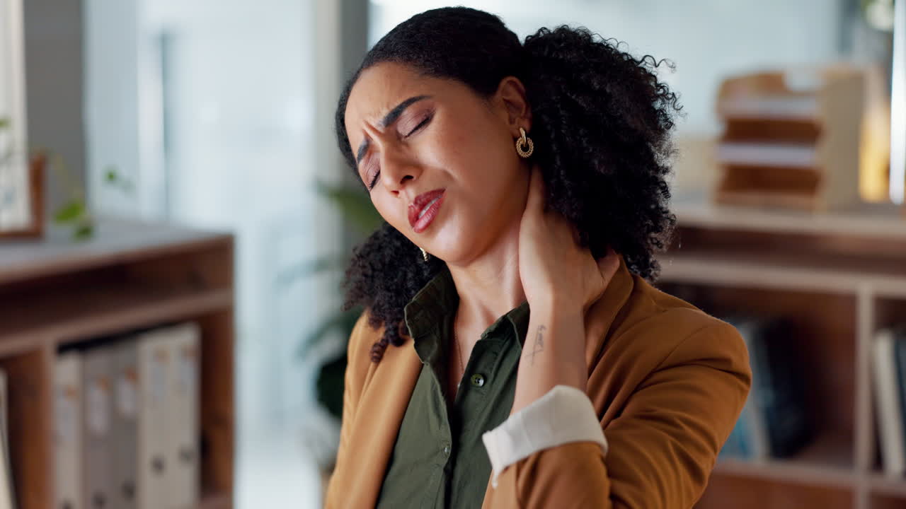 Woman, neck and hand is sore