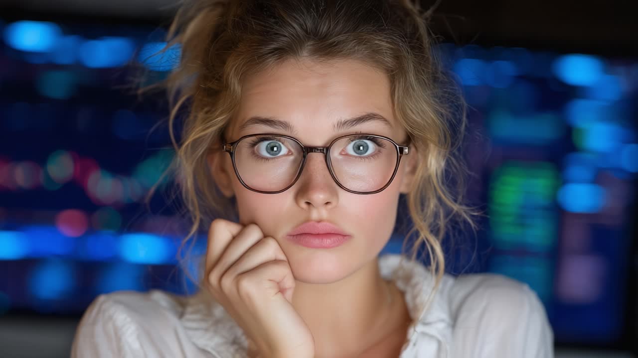 A Surprised Young Woman in Glasses Displays a Range of Emotions, Captured in a Thought-Provoking Moment Amidst an Engaging Background of Colors and Lights