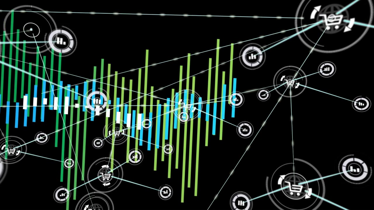 Data ensemble animating on black, concentric rings initiating bars, visualizing ecommerce trends