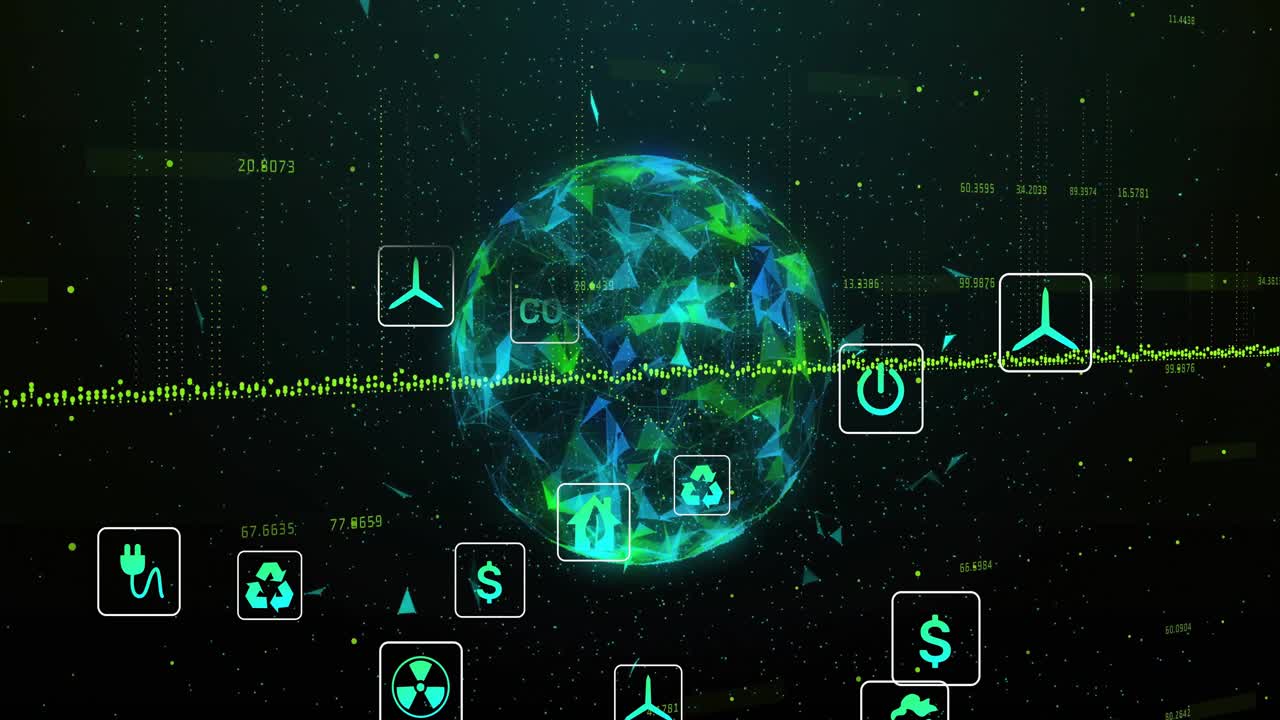 At start sphere emerging while waveform pulsing finance and energy icons rising showing data fusion