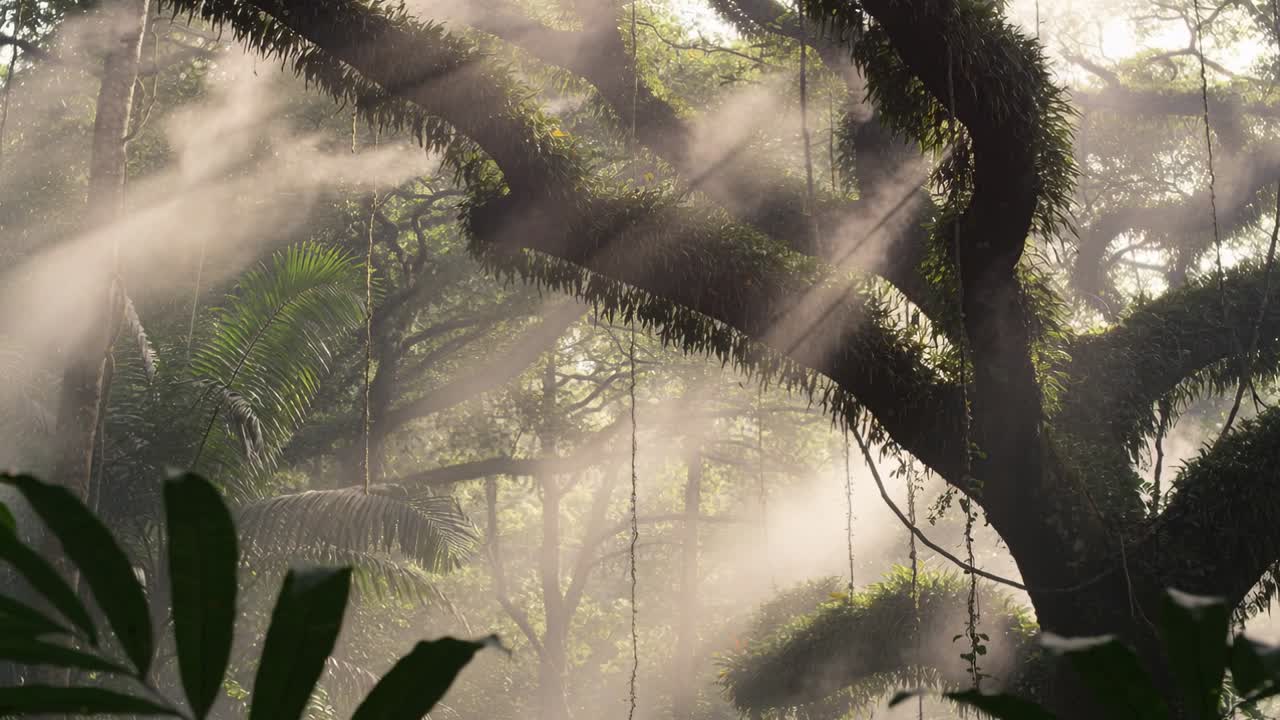 Luce solare mattutina in movimento che penetra la nebbia, grande ramo muschioso che rivela epifite e liane nella foresta.