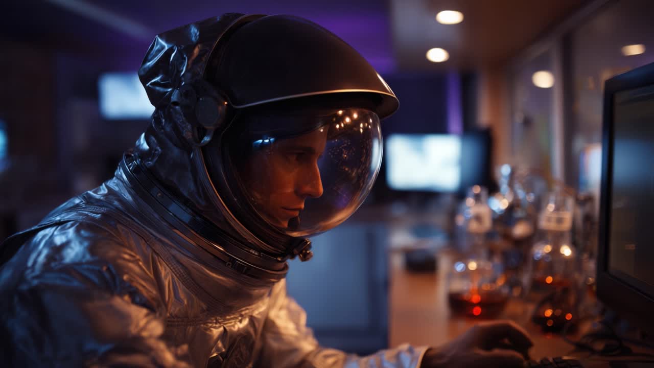 Un Astronauta Concentrato Collabora con la Tecnologia, Utilizzando Attrezzature in un Ambiente di Laboratorio Futuristico, Evidenziando Innovazione ed Esplorazione nella Ricerca Spaziale