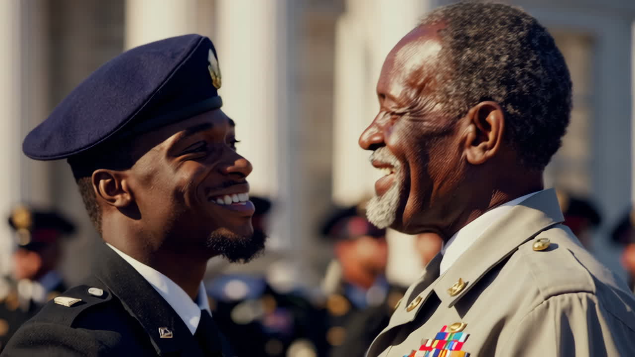 Two soldiers or veterans smiling at each other