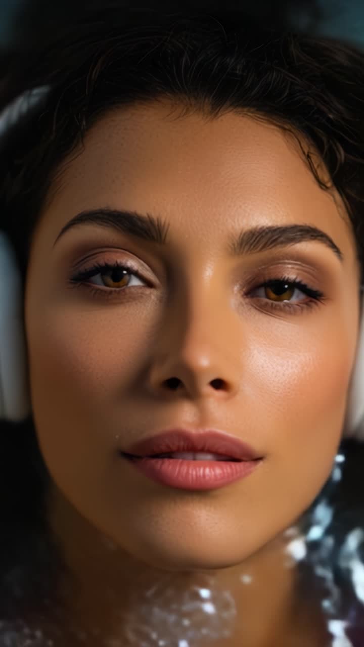 Close-Up Portrait of a Young Woman with Headphones, Showcasing Natural Beauty and Emotion in a Captivating Facial Expression and Smooth Skin Tone