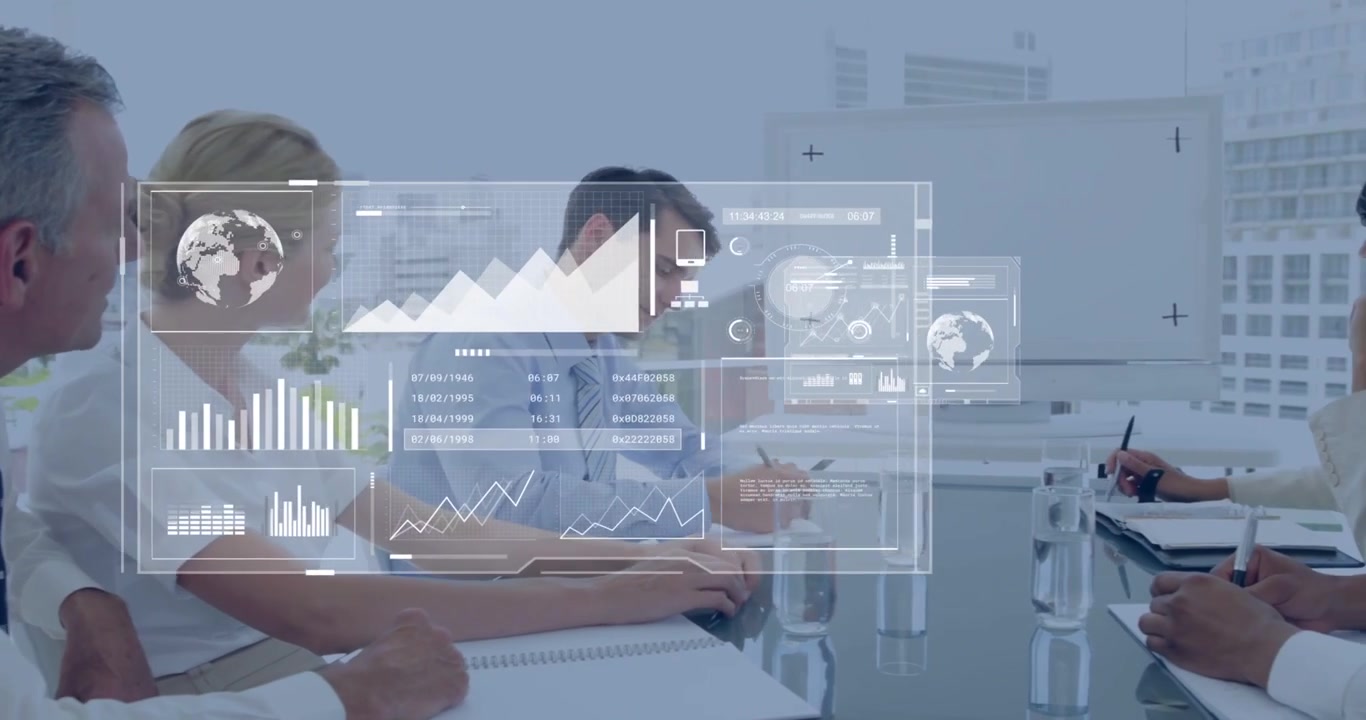 Business People in Meeting with Digital Data Overlay