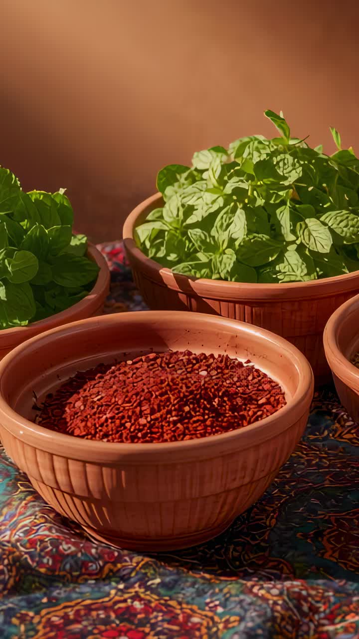 Vertical video: Tilting camera focusing on centered terracotta bowl on woven cloth, revealing herbs