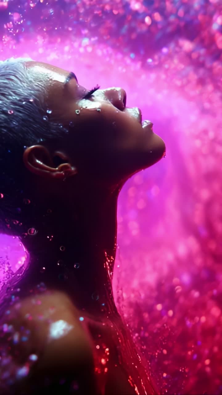 Ethereal Portrait of a Serene Individual Surrounded by Vibrant Water Drops in a Kaleidoscopic Setting, Conveying Tranquility and Beauty in Motion
