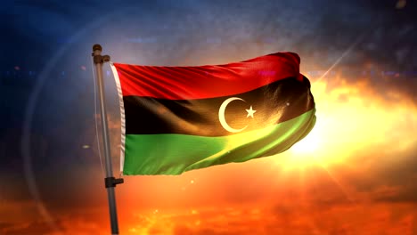 la bandera de libia iluminada en la hermosa salida del sol en movimiento lento 4k