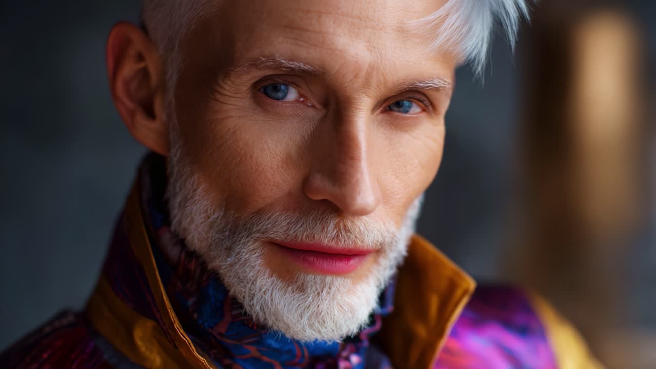 Un ritratto straordinario che ritrae un uomo maturo elegantemente vestito con capelli argentei e un abito colorato, che mette in mostra carisma e sicurezza in un primo piano