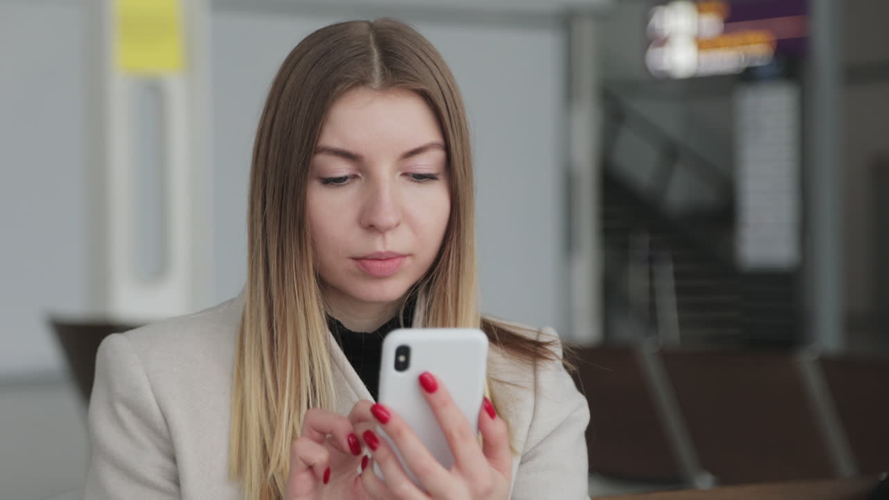 mujer usando teléfono inteligente en el aeropuerto