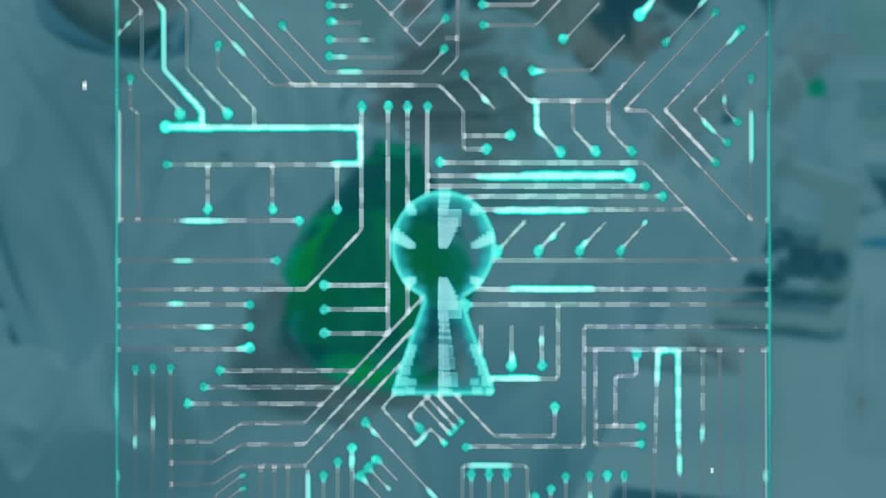 Lab technicians watching data squares multiplying into holographic padlock visualizing security