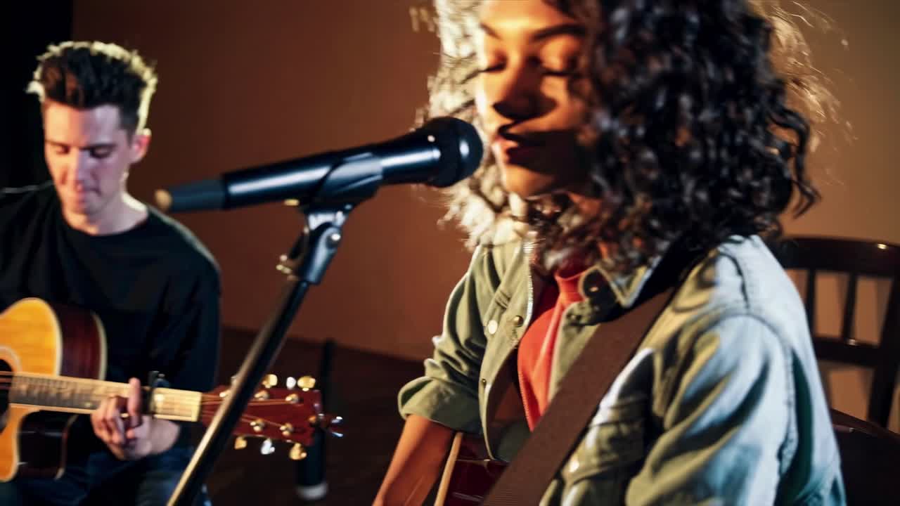 Close-up video of a duo performing with acoustic guitars and a microphone, capturing an intimate