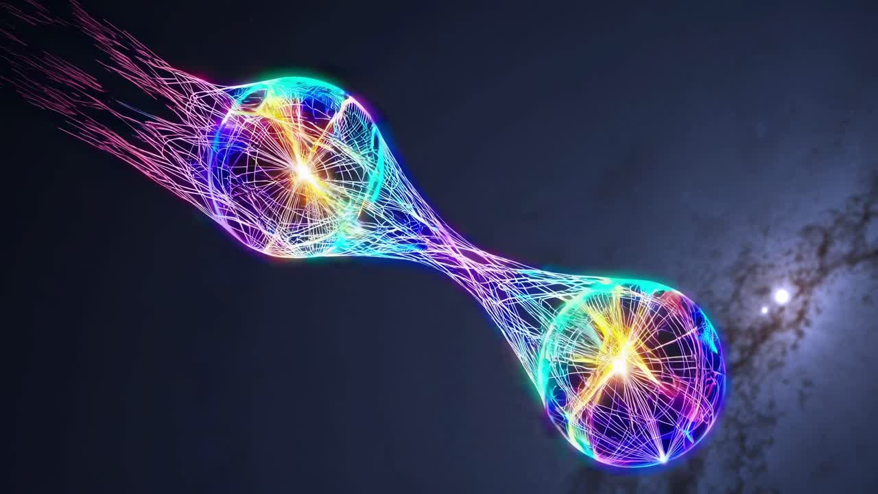 visualización de enredos cuánticos vibrantes que representan esferas brillantes interconectadas que representan principios científicos contra el fondo cósmico, ilustrando la dinámica de investigación avanzada