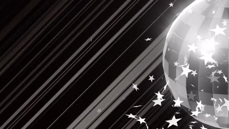 Animation-of-white-stars-and-mirror-ball-with-light-beams-on-black-background