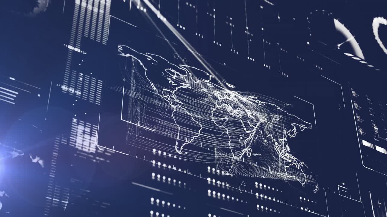 파란색 배경에 빛의 점과 회전하는 지구를 통해 데이터 처리를 가진 인터페이스의 애니메이션