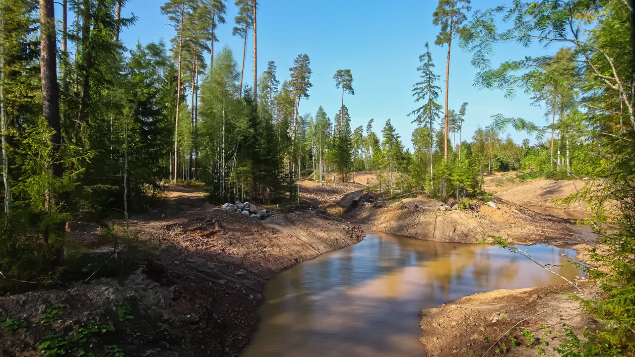 tiro de lapso de tiempo de hermoso día soleado con cielo azul en bosque destruido con campos inundados después de una fuerte noche lluviosa - deforestación de árboles en la naturaleza - cambio climático en la tierra