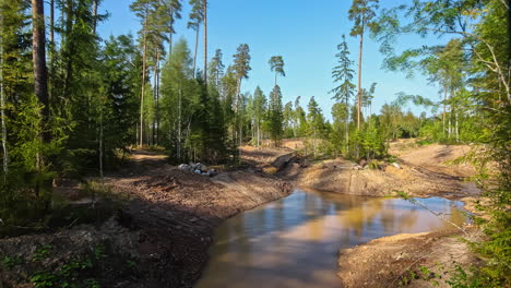 Zeitrafferaufnahme-Eines-Schönen-Sonnigen-Tages-Mit-Blauem-Himmel-In-Zerstörtem-Wald-Mit-überfluteten-Feldern-Nach-Starker-Regennacht---Abholzung-Von-Bäumen-In-Der-Natur---Klimawandel-Auf-Der-Erde