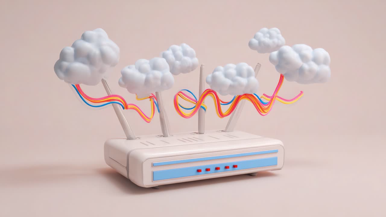Innovative Wireless Router Design Featuring Artistic Clouds and Colorful Data Flow Representations, Merging Technology with Imaginative Aesthetics for Modern Connectivity Solutions