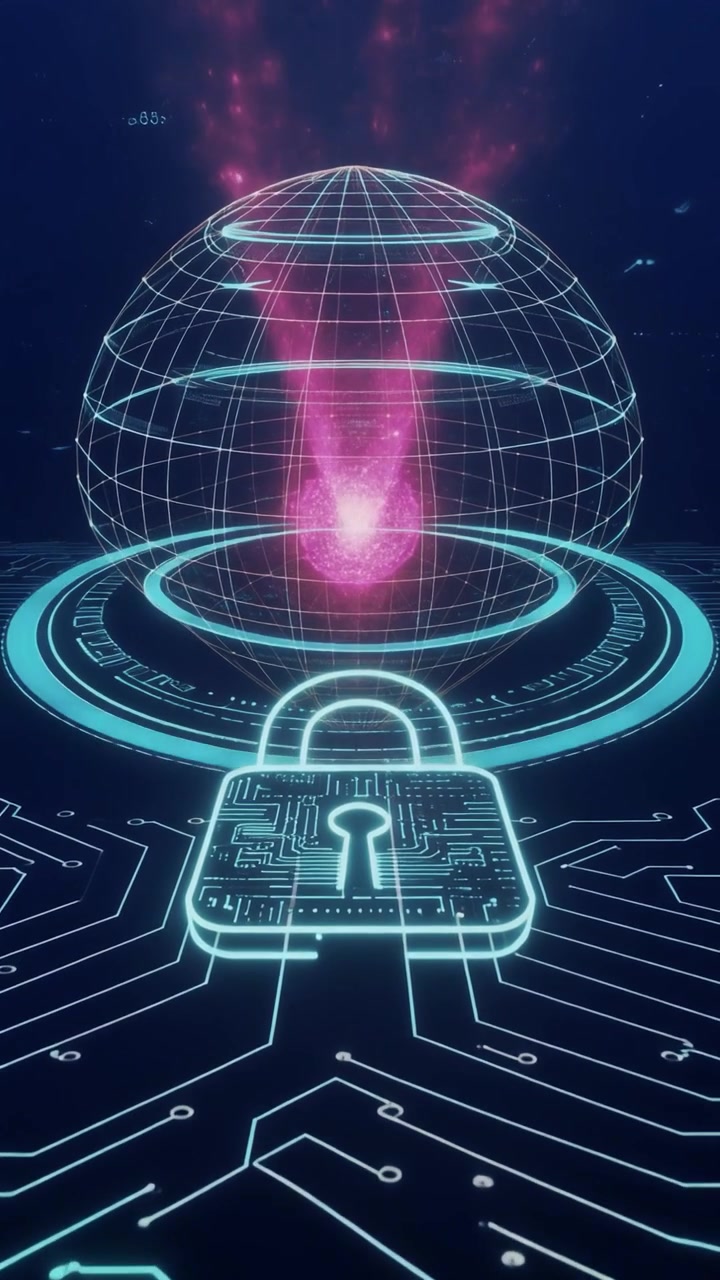 Digital Security Concept with Glowing Padlock and Circuit Board Interface
