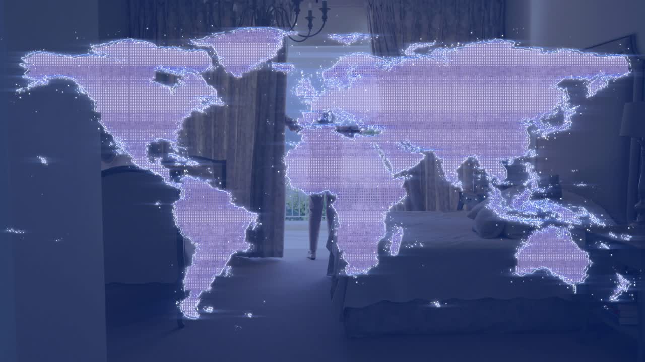 Senior woman parting curtains after technology map glitch revealing room behind particles