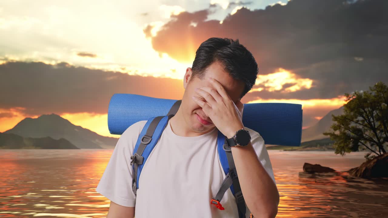 Close Up Of Asian Male Hiker With Mountaineering Backpack Having A Headache At A Lake