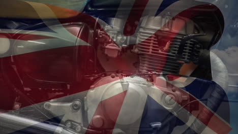 animation of waving flag of uk over man car engine