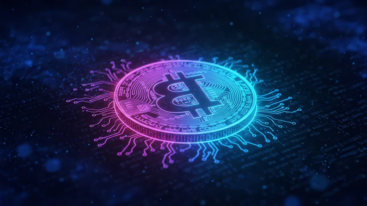 Stunning Visual of a Bitcoin with Glowing Circuit Patterns Against a Dark Digital Background, Highlighting Cryptocurrency's Innovative and Modern Nature