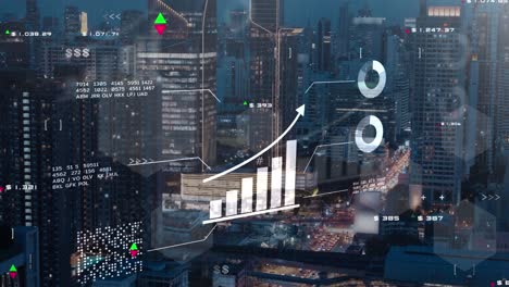stock exchange market blockchain, digital money, crypto currency gdp data analytics graph chart, finance business investment data with business district city building background