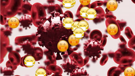 náuseas y cara con emoji de máscara flotando contra las células de covid-19 y los vasos sanguíneos en movimiento