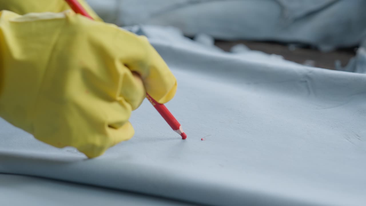 trabajador de fábrica que marca cueros y pieles de animales en una planta textil durante el proceso de producción