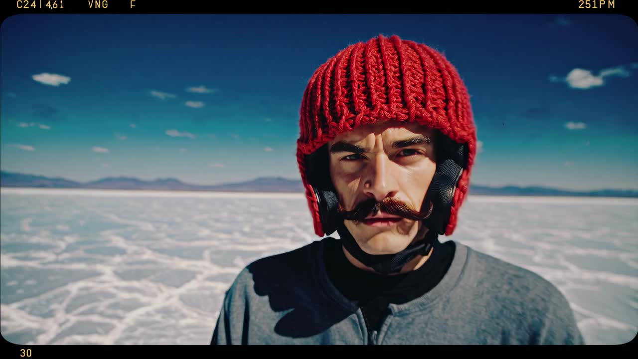 A man in a red knit hat stands on a vast salt flat under a clear blue sky