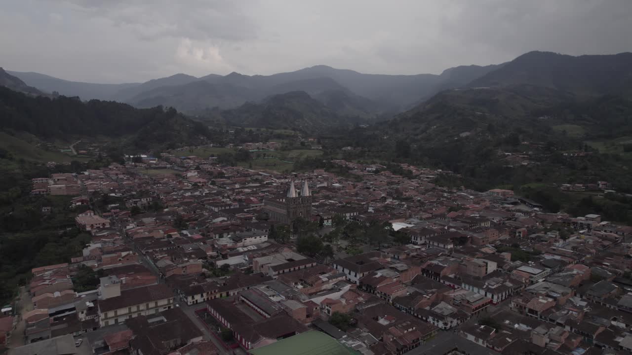 Establishing Drone fly Jardín Town, Colombia, Heritage Architecture in Antioquia