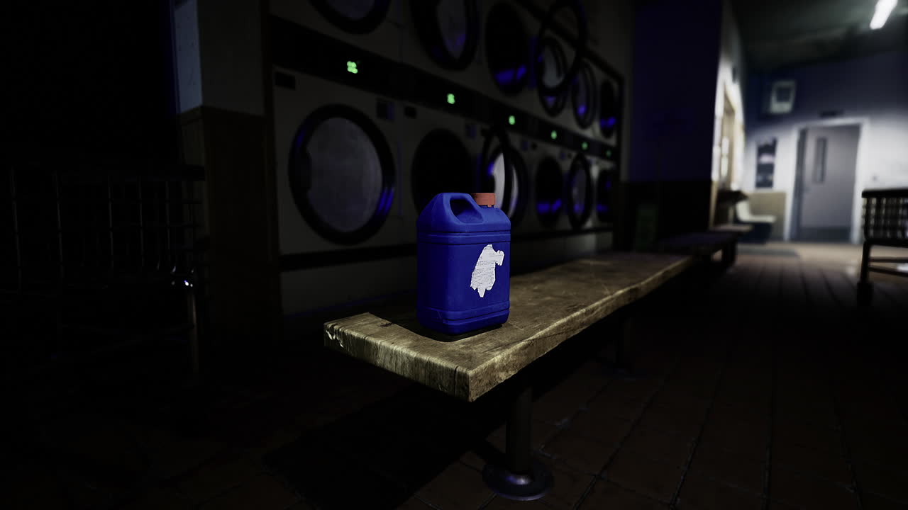 Laundry room late at night with a blue detergent container on a bench