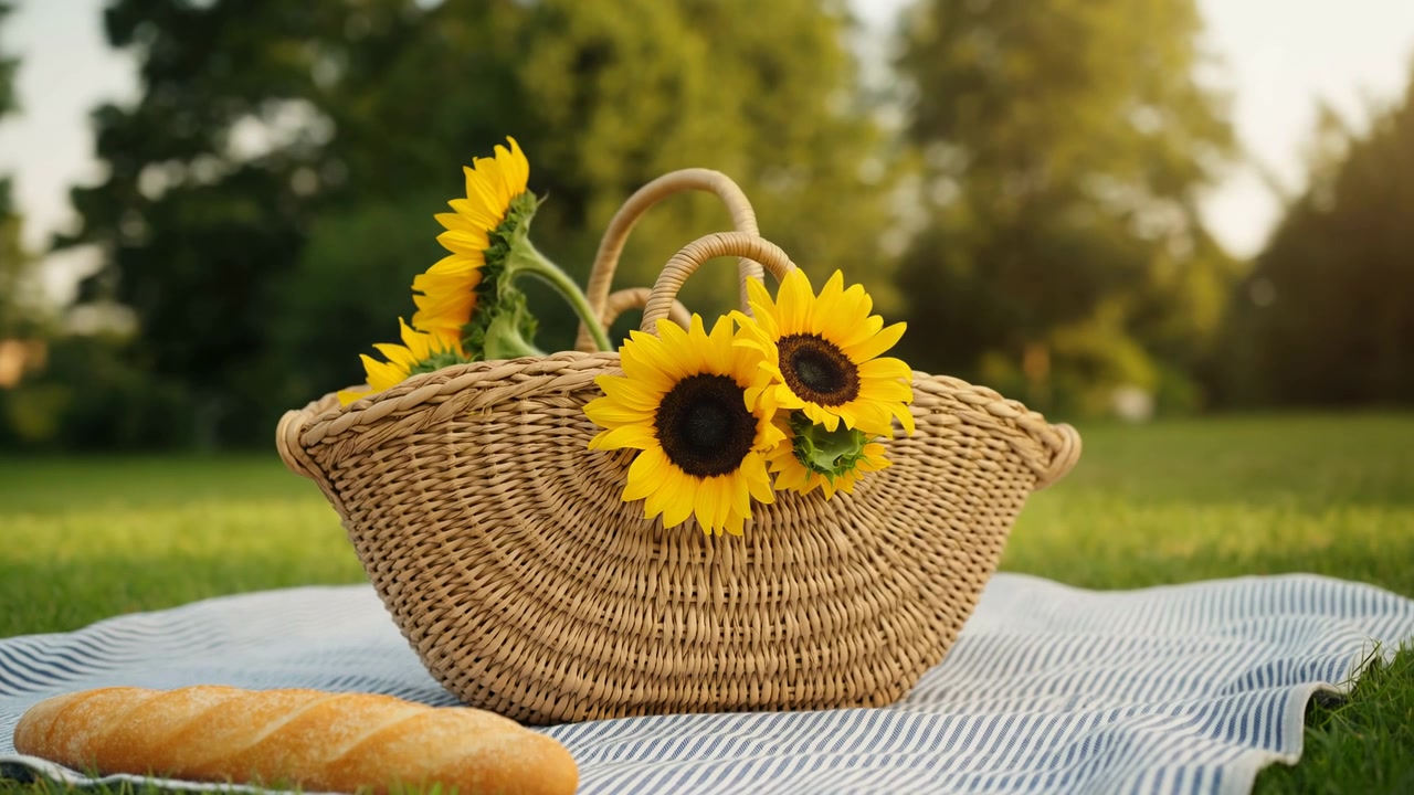 Woven straw picnic basket filled with three bright yellow sunflowers sits on striped fabric blanket spread across green lawn in park, with warm sunlight, rustic textures, soft blur, and relaxed