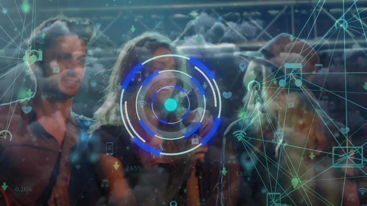 animación de escaneo de alcance y red de conexiones a través de diversas personas