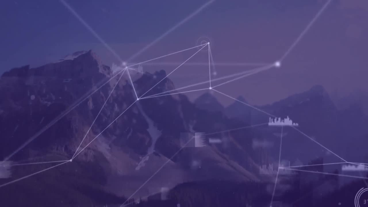 Animation of network of connections and data processing over mountains