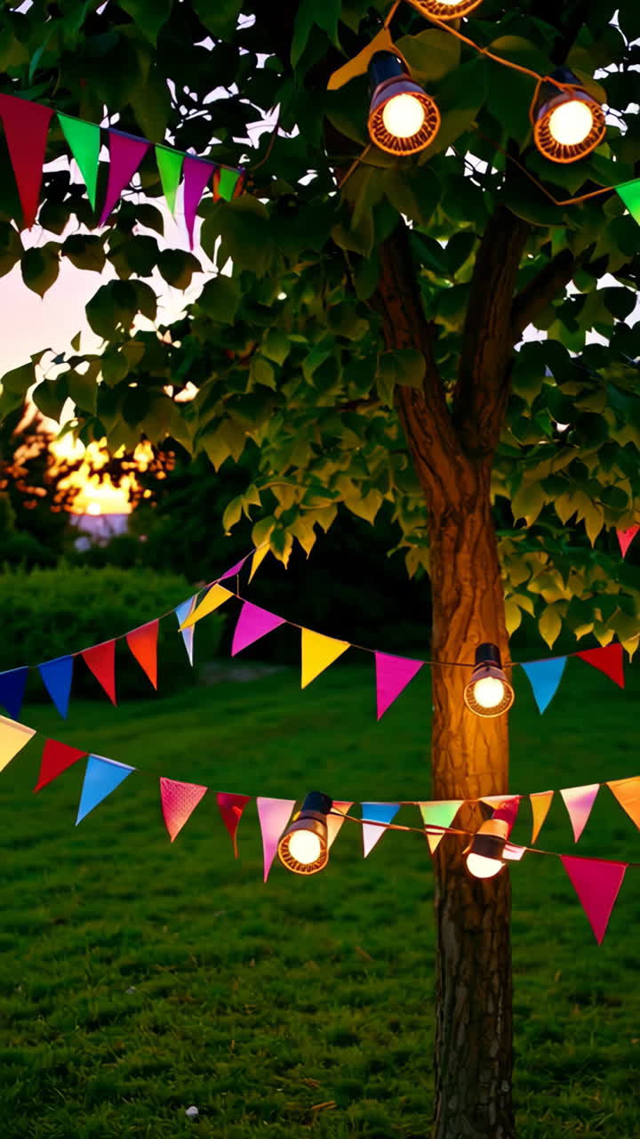 Vibrant Bunting Flags and Lights Decorate an Outdoor Evening Setting