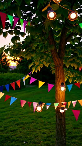 vibrant bunting flags and lights decorate an outdoor evening setting