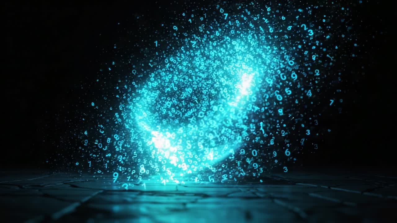 A Vibrant Display of Floating Digital Numbers: An Ethereal Visualization of Data and Technology in a Mysterious, Dark Environment