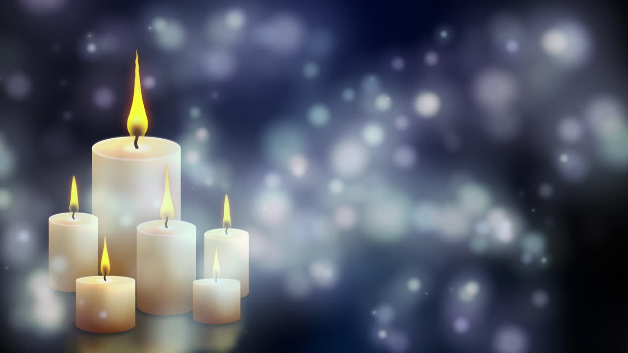 Fabulous animation of decorative candles on blue dark background with blurred bokeh particles. Flickering of candlelight. Looped motion graphics.