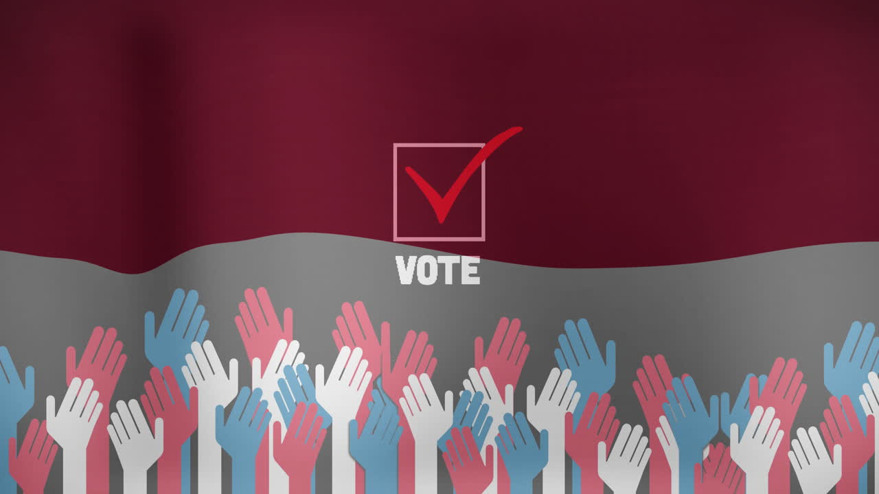 Animation of raised hands in red, white, and blue with VOTE and checkmark