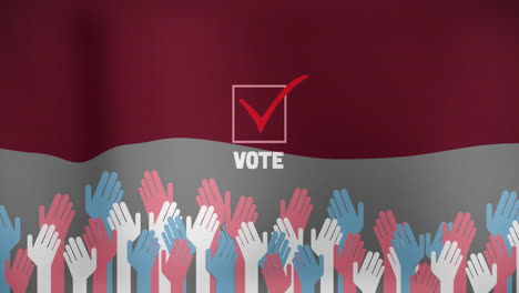 animation of raised hands in red, white, and blue with vote and checkmark