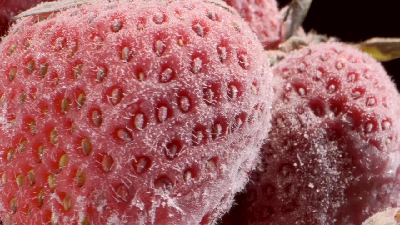 primer plano extremo de fresas congeladas, rotación de 360 grados, primer plano