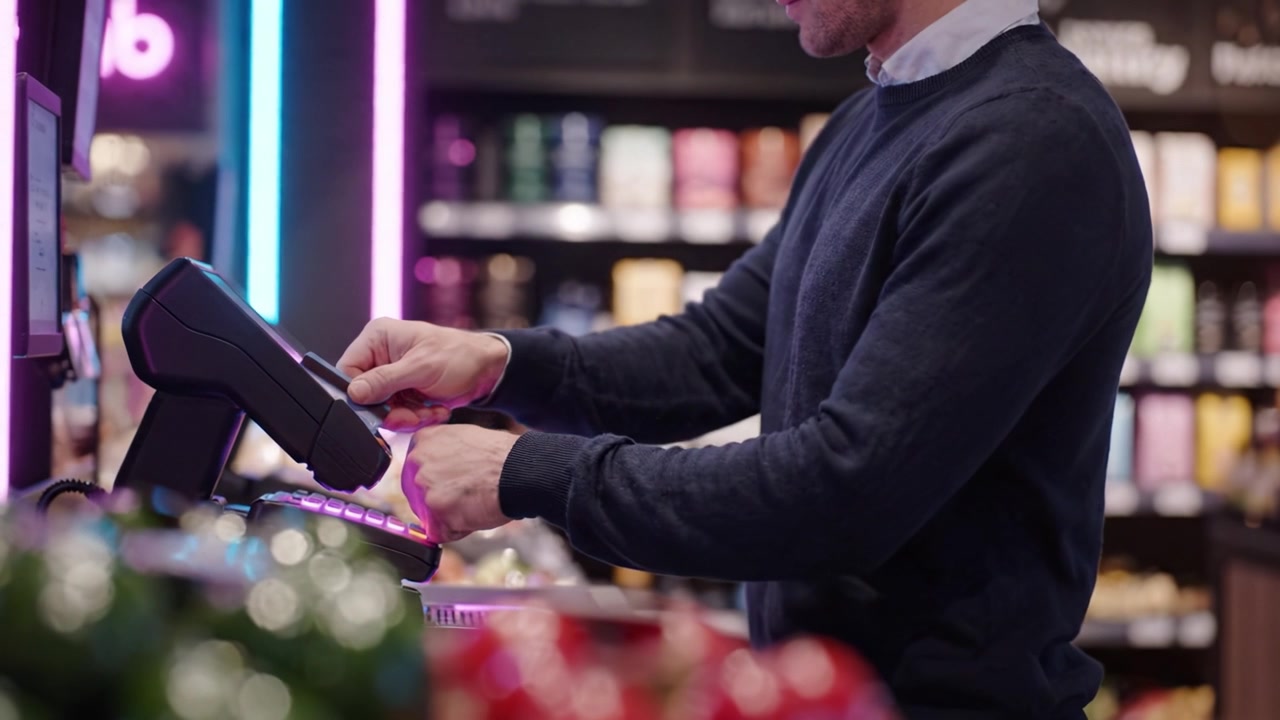 Customer at Checkout Counter Scanning Items in Retail Store with Colorful Lighting and Various Products in Background
