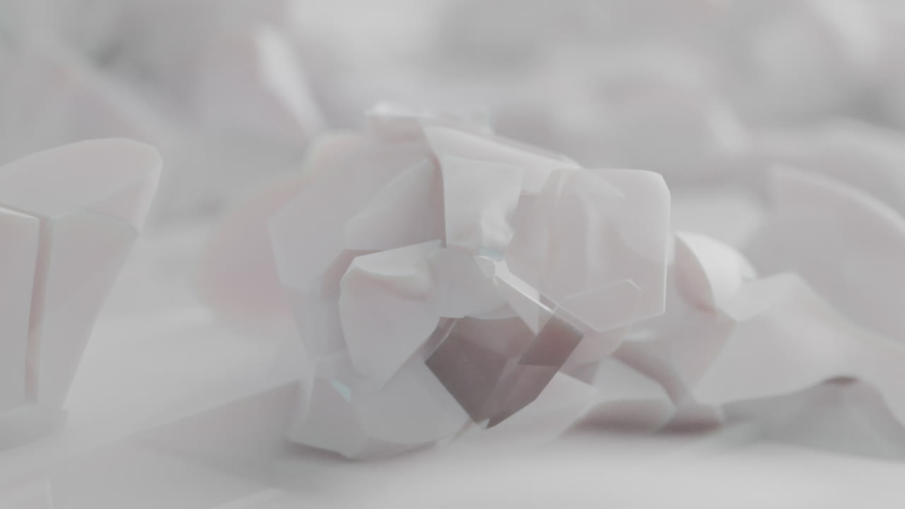 Crushed android shells on spikes on a foggy, white junkyard