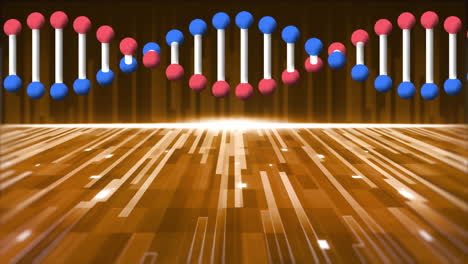 animación de la cadena de adn sobre rayas y luces en movimiento naranjas