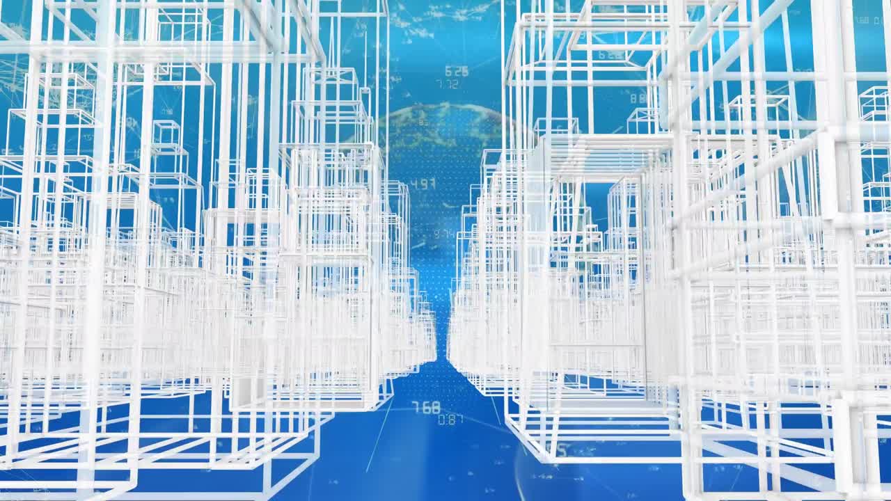 데이터 처리의 애니메이션과 파란색 배경의 도시