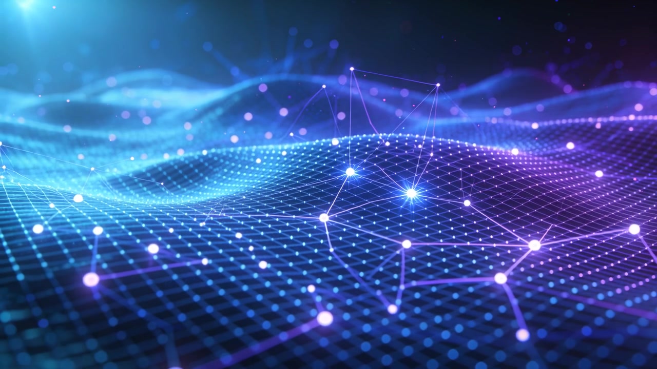 Rippling 3D mesh wave moving left to right in virtual space, pulsing nodes, forming flares