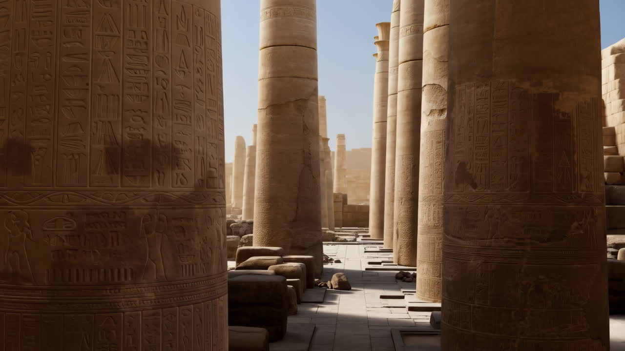 Ancient Egyptian Temple with Intricately Carved Columns and Hieroglyphs