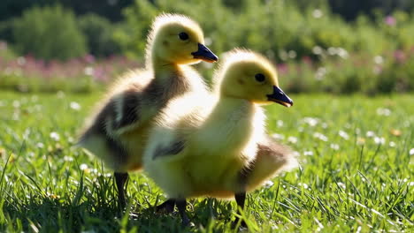 two baby ducklings in a field